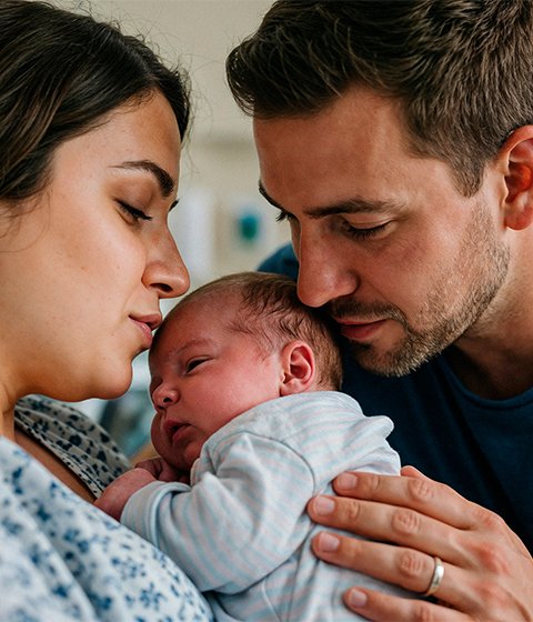 A tender moment between parent and newborn
